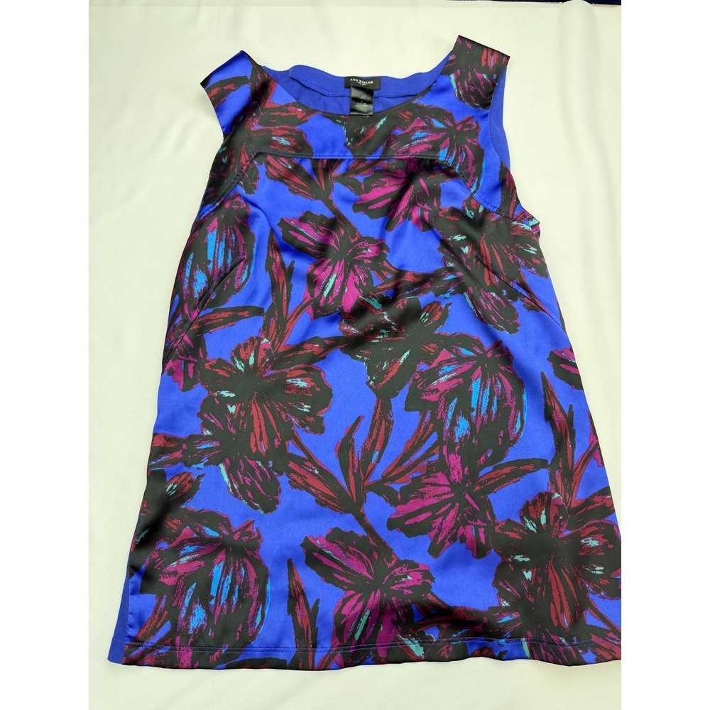 Ann Taylor Womens Small Blue Floral Satin Mixed Media Sleeveless Shell Top